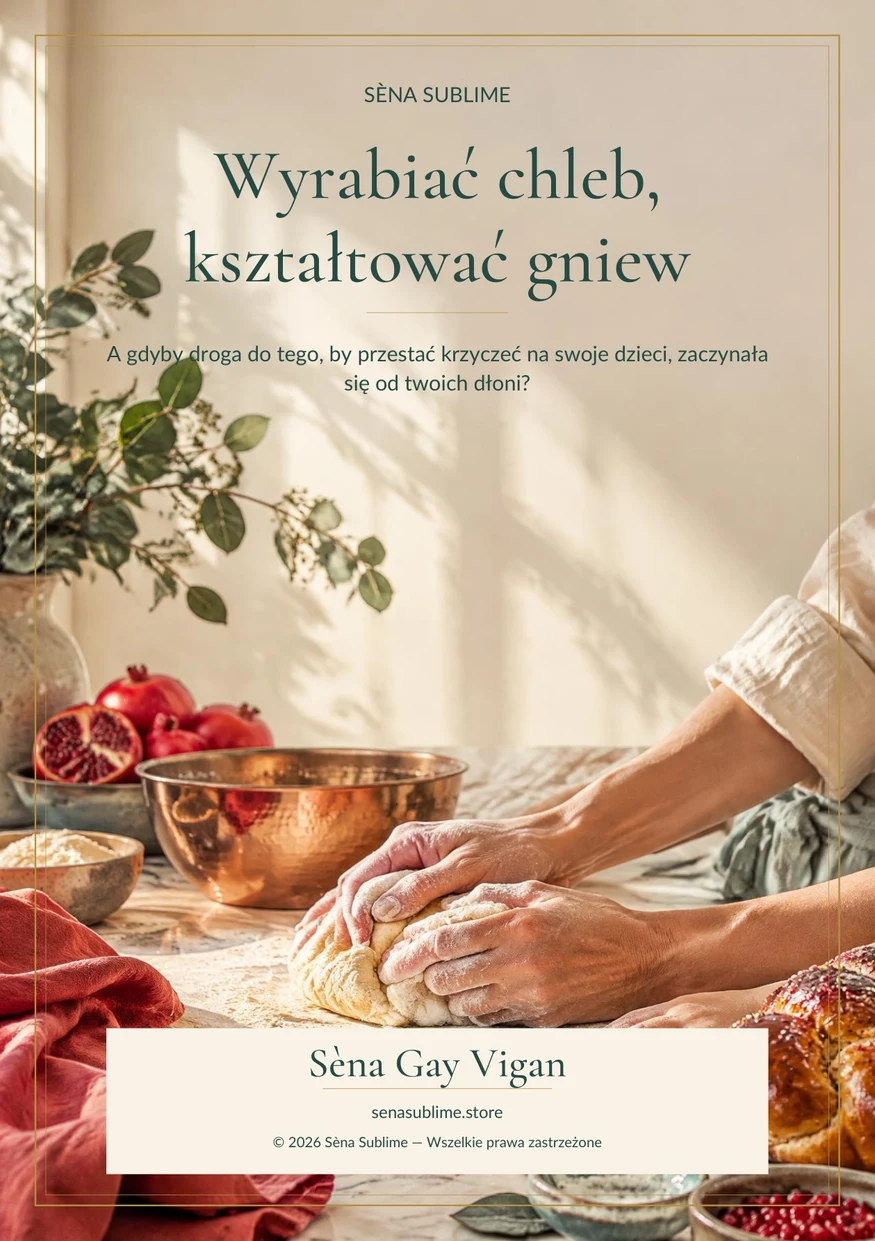 Okładka książki Wyrabiać chleb, kształtować gniew: dłonie wyrabiają ciasto na jasnym blacie, obok miedziana miska, granaty i gałązki oliwki
