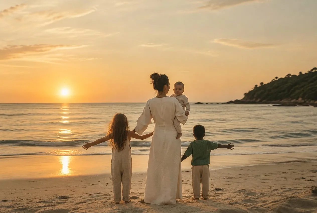 Eine Mutter und ihre drei Kinder, uns den Rücken zugewandt am feinen Sand, mit ausgebreiteten Armen vor dem Meer und der sich im Wasser spiegelnden untergehenden Sonne
