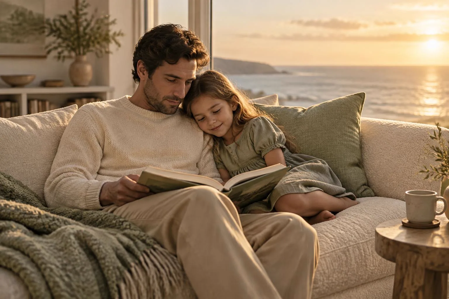 Ein Mann und die Tochter, an seine Schulter gekuschelt, lesen gemeinsam ein aufgeschlagenes Buch auf einem gemütlichen Sofa, das Meer und die untergehende Sonne hinter dem Fenster