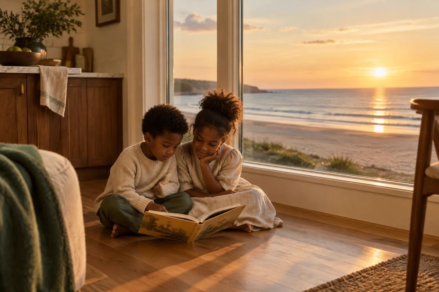 Ein kleiner Junge und ein kleines Mädchen sitzen auf dem Boden und lesen zusammen ein Buch, in einem sanften, honigfarben durchfluteten Raum mit Blick auf das Meer bei Sonnenuntergang