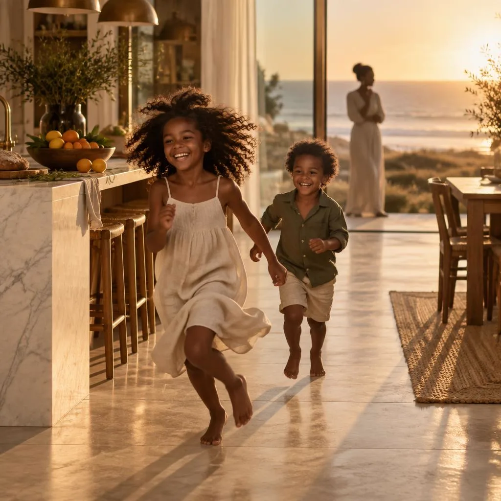 Zwei Kinder laufen fröhlich durch die goldbeleuchtete Küche, während ihre Mutter sie nachdenklich vom Panoramafenster aus beobachtet, mit Blick aufs Meer