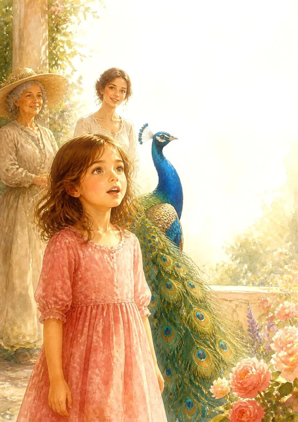 Illustration à l’aquarelle : Chrystal debout dans le jardin lumineux, bouche ouverte, les yeux brillants, le paon majestueux derrière elle.
