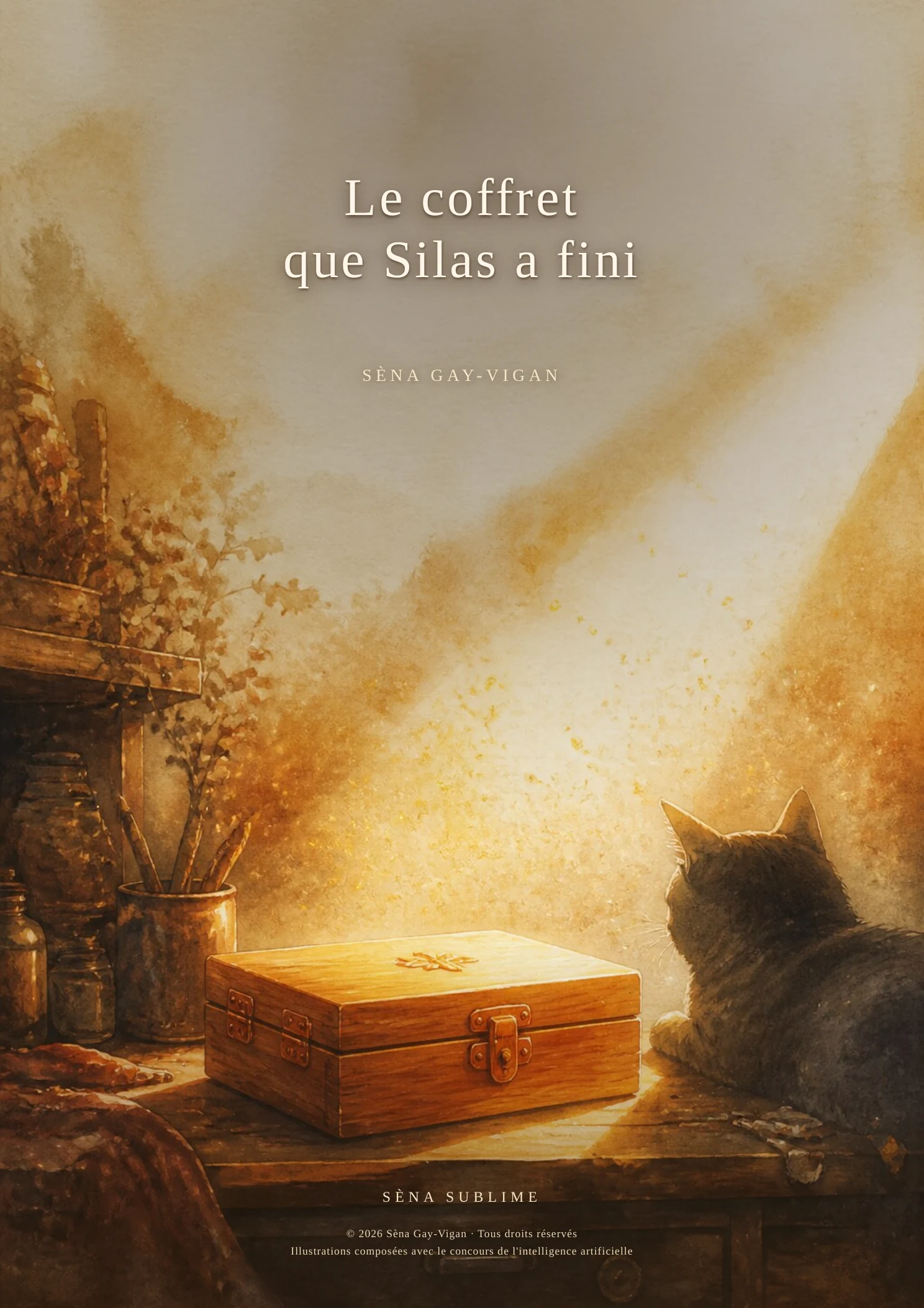 Couverture du conte : un coffret en bois fermé posé sur un établi, un chat gris qui le contemple dans un rai de lumière dorée.