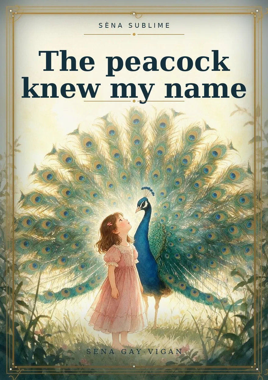 Cover of The peacock knew my name by Sèna Gay-Vigan: a girl seen from the front, looking up at a peacock whose opened tail fills the frame.