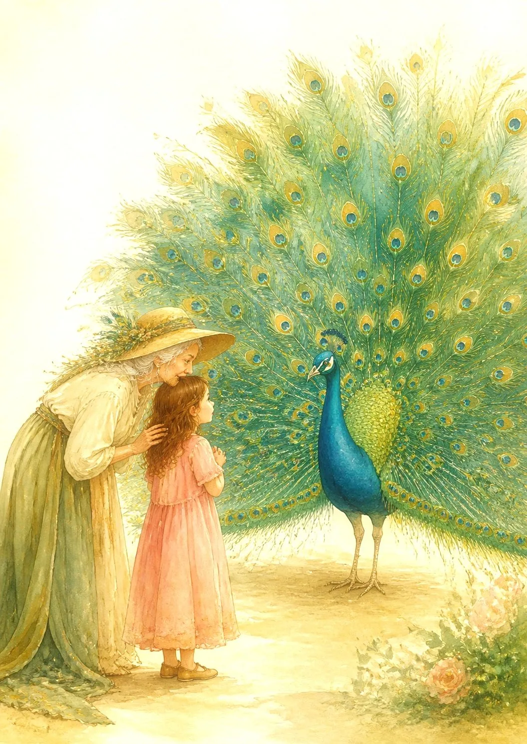 Watercolour illustration: the peacock’s tail in all its splendour, a great blue-green-gold circle of a hundred shining eyes, with Chrystal wonderstruck in front of it.