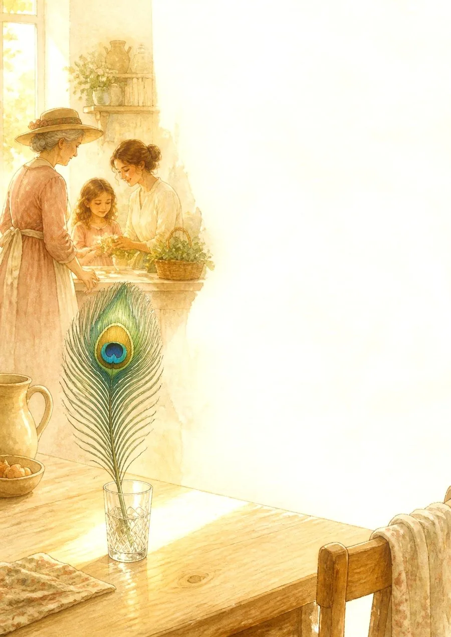 Watercolour illustration: a peacock feather standing in a small crystal glass on a pale wooden kitchen table.