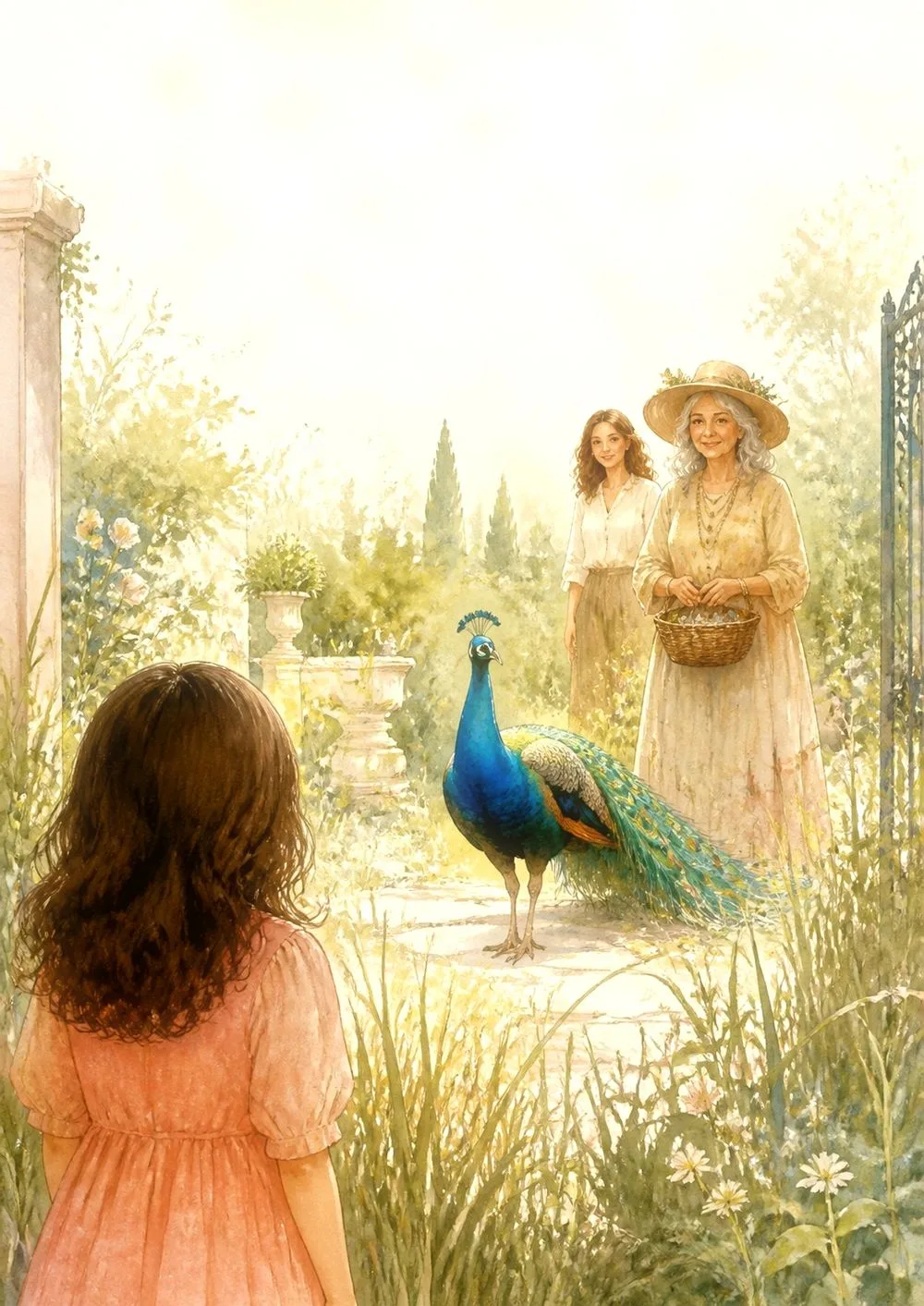 Illustration à l’aquarelle : le jardin découvert derrière le portillon, un paon majestueux au centre, bleu paon, vert émeraude et or.