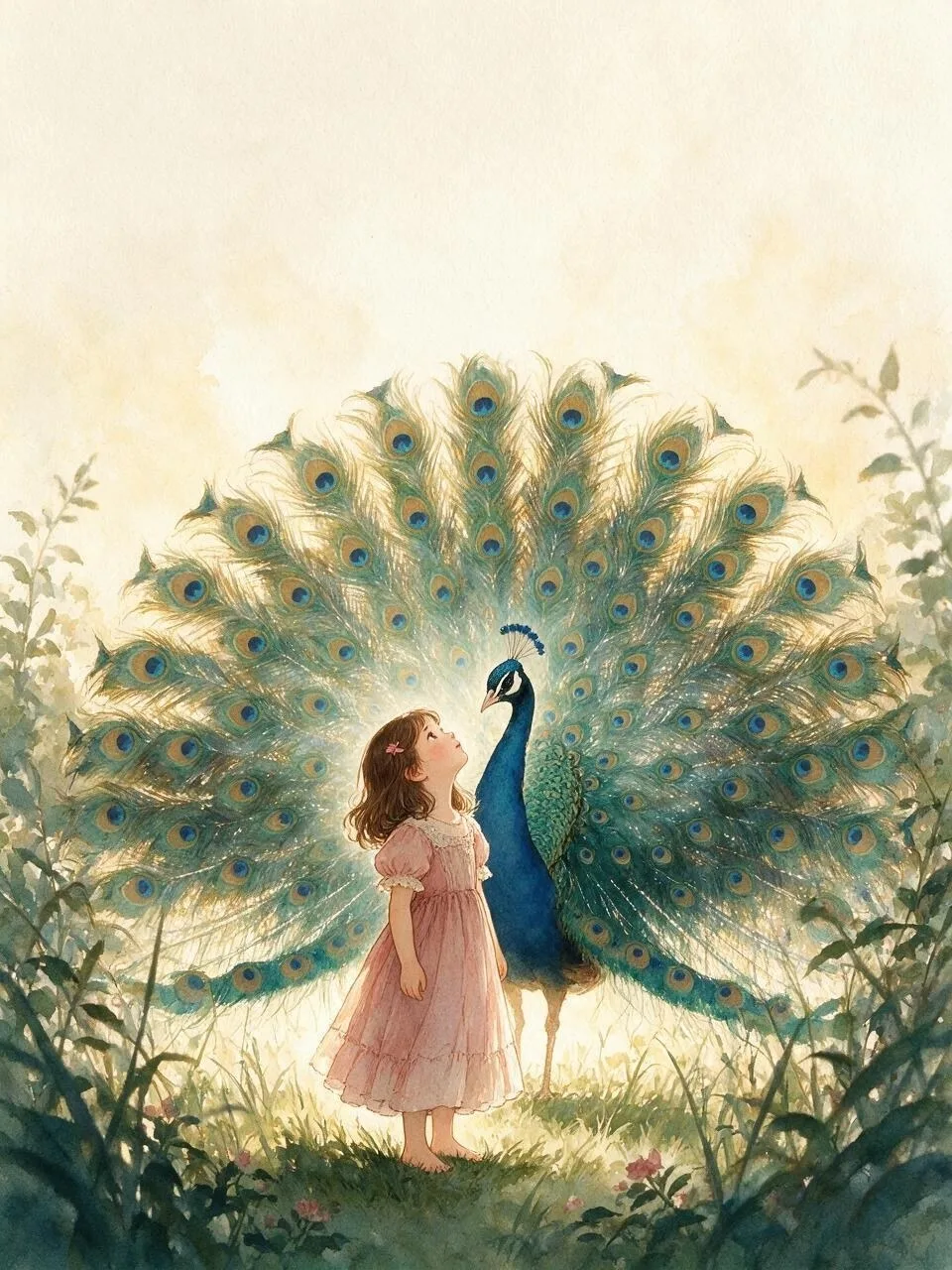 Watercolour painting: a small girl stands facing a peacock that has opened its full tail, a hundred eyes shining in blue, green and gold.