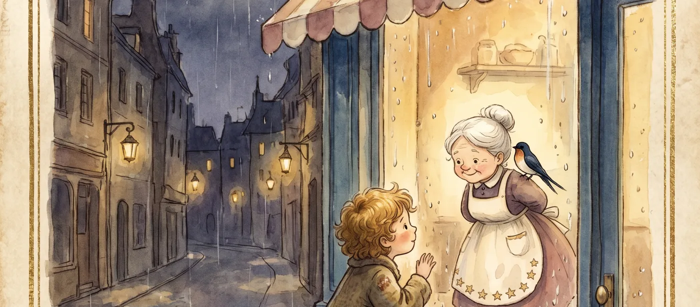 Watercolour illustration from the tale — the old pastry-maker and a child by lamplight