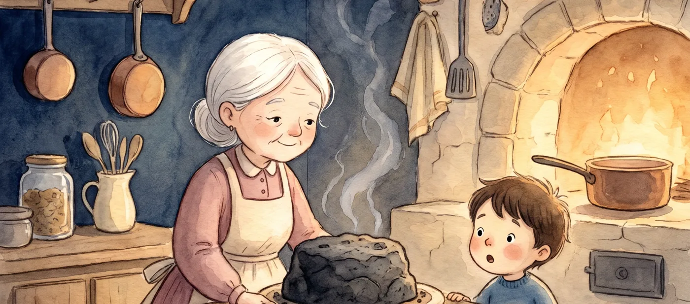Watercolour illustration from the tale — a burnt cake before the oven, the child watching