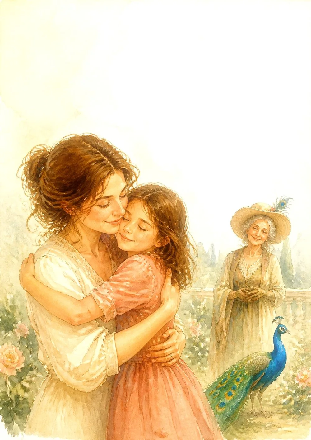 Watercolour illustration: the mother holding Chrystal close, their two faces cheek to cheek.