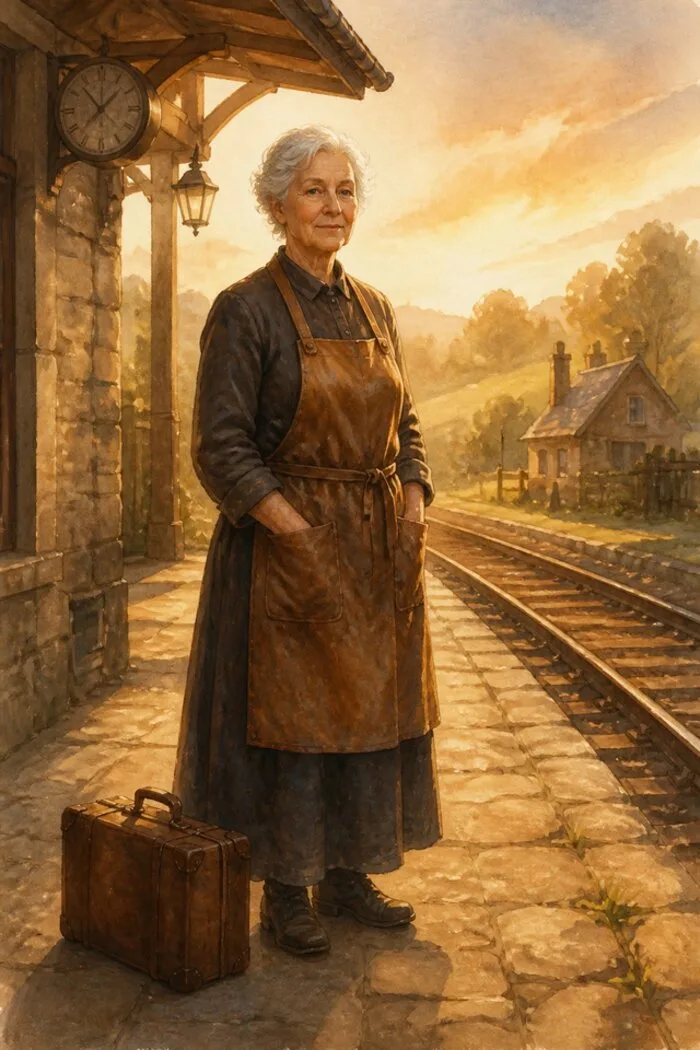 Illustration : une vieille dame aux cheveux blancs attend sur le quai pavé d'une petite gare de pierre, au soleil couchant, sa valise à ses pieds.