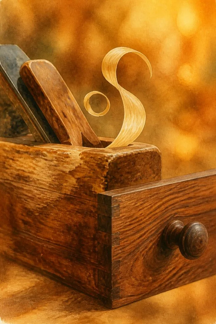 Illustration : un vieux rabot en bois d'où s'élèvent de gracieux copeaux dorés formant des volutes dans une lumière ambrée.