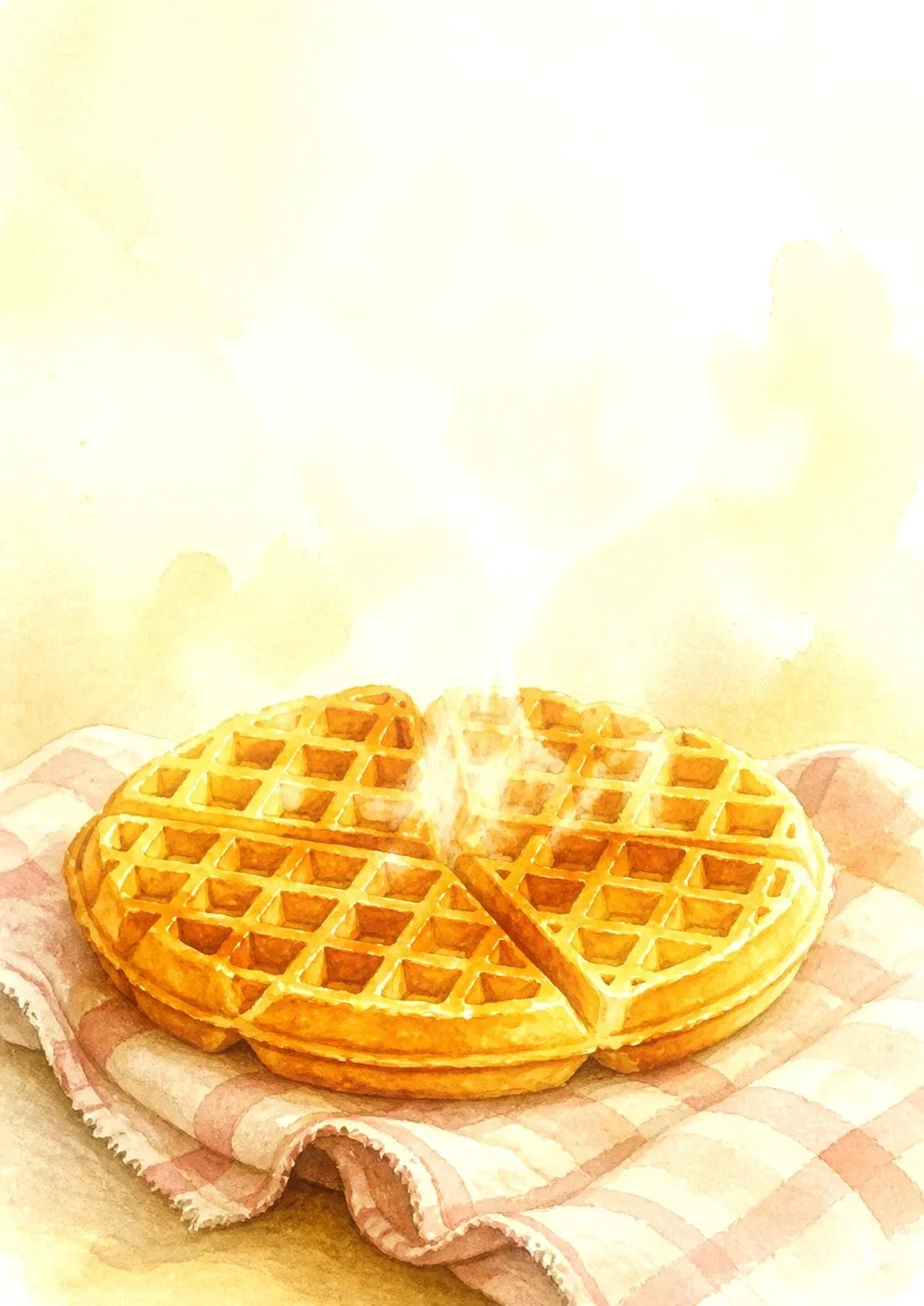 Watercolour illustration: a warm waffle on a checked cloth, seen very close, a light steam rising.