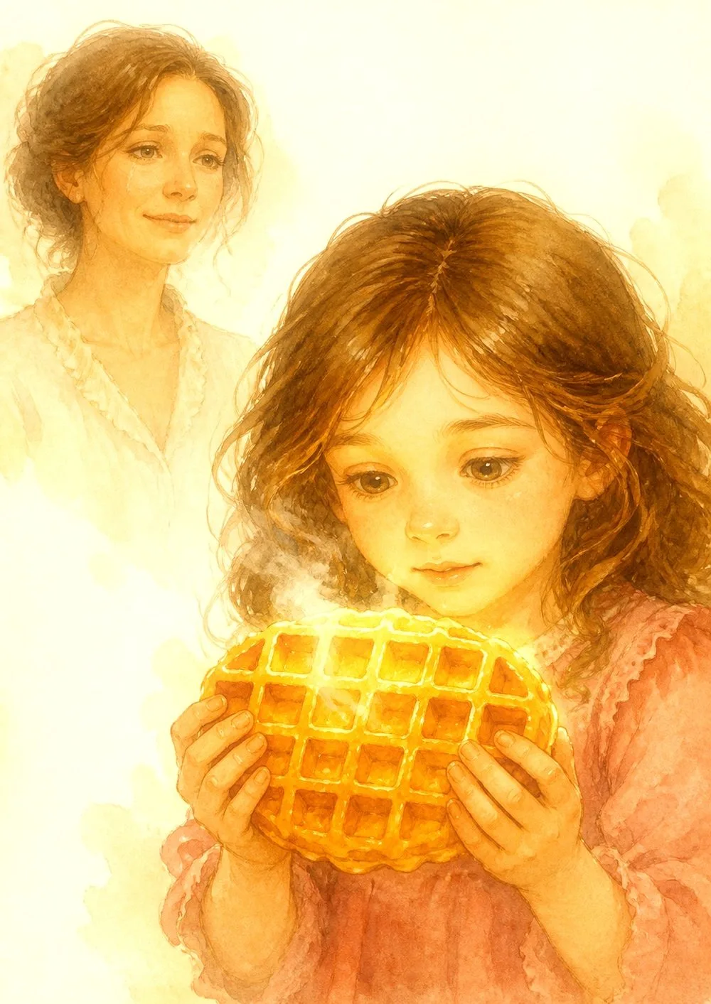Watercolour illustration: a golden waffle held in two hands, seen close, a light steam, and far off a shining tear in her mother’s eye.